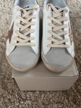 New Golden Goose Super-Star Sneakers - White with Gold Glitter Star / Size 39